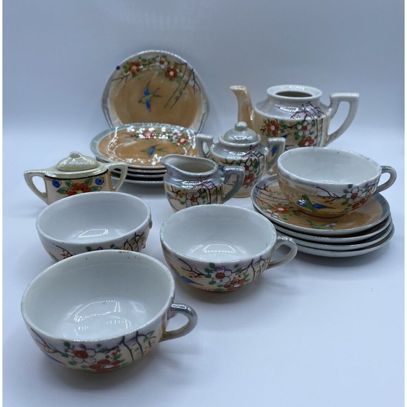 Japanese Teapot Tea Set Lusterware 18-pc Floral Hand-painted‎ Children set AS IS - Picture 1 of 10
